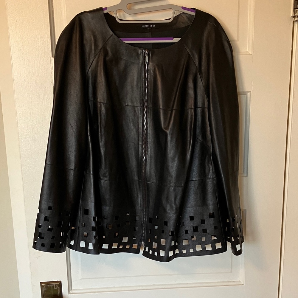 Lafayette 148 Black Leather Jacket with Cutout Hem and sleeves